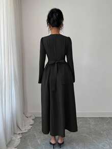 Elenzga Women's Elegant French Romantic Vintage Cute Office Commute Street Style Afternoon Tea Party Thanksgiving Back To School Square Neck Waist Gathered A-Line Long Sleeve Maxi Dress, Spring/Autumn/Winter - Black - View 2