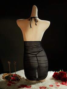 SpicyHot 4pcs/Set Mesh Halter Tie Backless Bodycon Nightgown, Extremely Sexy - Black - View 2
