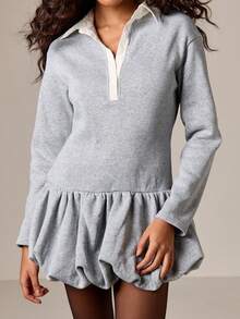 AiiRZ 女式泡泡下摆长袖有领迷你连衣裙 - 灰色 - 查看 5