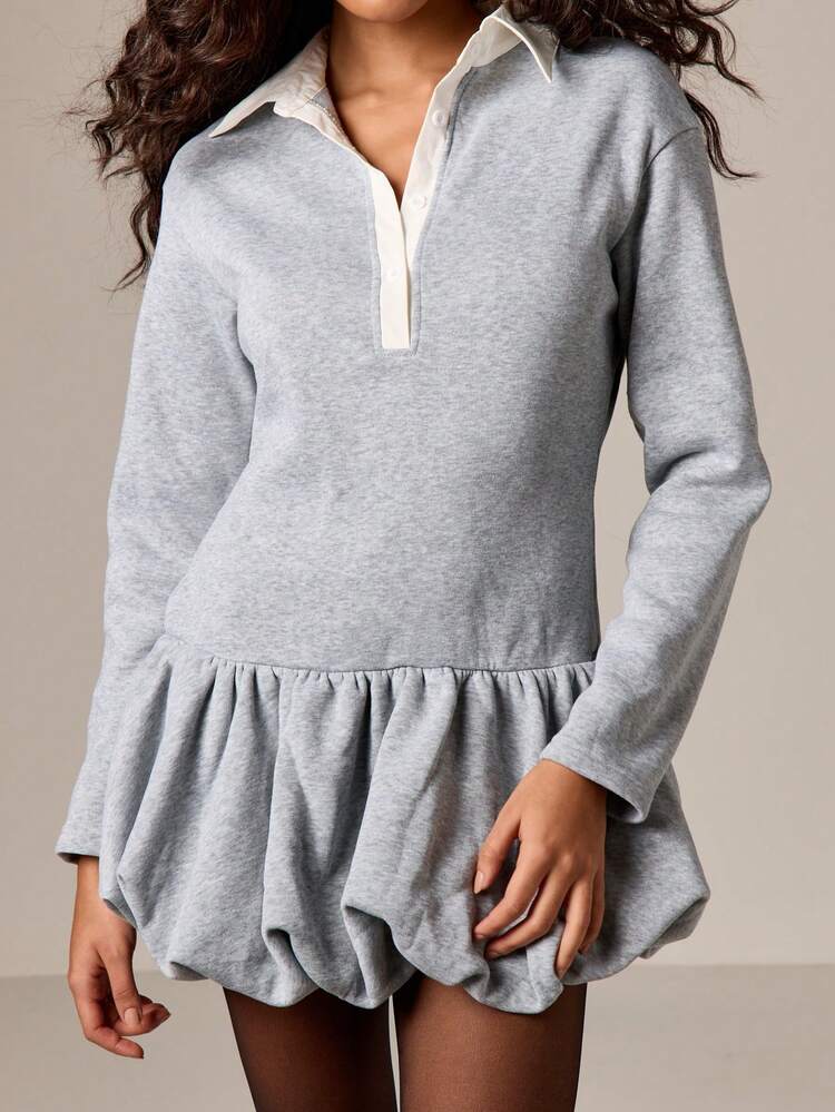 Collared Long Sleeve Bubble Hem Mini Dress