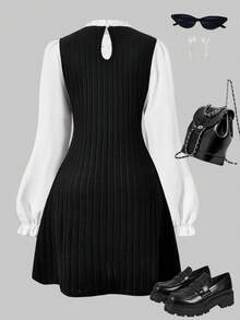 SHEIN ChillGRL 女式荷叶边领泡泡袖拼接休闲迷你连衣裙 - 黑與白 - 查看 2