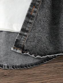 SHEIN Genkimix Kids 小男孩牛仔衬衫，带口袋，字母印花和标志，休闲时尚街头服饰，酷炫返校风 - 黑色 - 查看 6