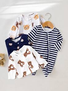 4pcs Set Newborn Simple Cute Bear Print Long Sleeve Footed Romper Pajamas - Royal Blue - View 6