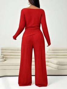 SHEIN EZwear 2件套加大码纹理红色圆领长袖上衣和裤子套装 - 紅色 - 查看 2