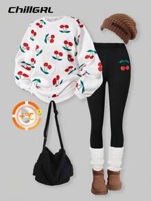 SHEIN ChillGRL Teen Girls Sweatsuit Set, White Digital Print & Black Bow Crew Neck Sweatshirt, Black Skinny Pants, Comfortable Fitted - Multicolor - View 7