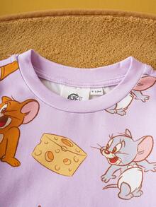 TOM & JERRY X SHEIN 2pcs Baby Girl Cute Cartoon Pattern Crew Neck Long Sleeve Knit Jumpsuit And Bib Sleepwear Set - Multicolor - View 5