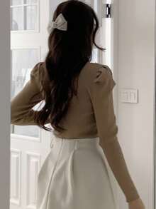 DAZY 法式彼得潘领层叠上衣，二合一泡泡袖毛衣，女款，秋冬 - 駝色 - 查看 2