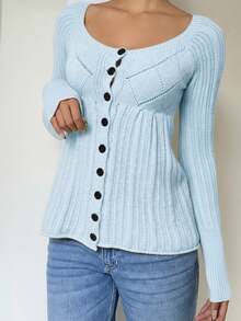 SHEIN EZwear Women's Regular Solid Color Round Neck Front Button Long Sleeve Cardigan In Fall/Winter - Baby Blue - View 3