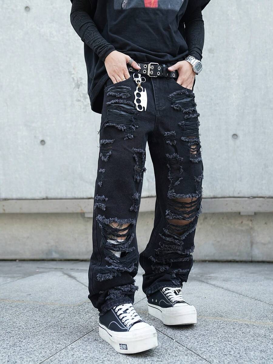 Manfinity Roghcode Black Ripped Denim Jeans For Men Street Casual Avant-Garde Style Long Straight Leg With Zipper Retro Pattern - Black - View 1