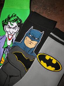 BATMAN X SHEIN 3 双柔软透气吸湿排汗休闲男士中筒袜，带蝙蝠图案，时尚酷灰色和背面中筒袜，加固脚趾和脚跟，经久耐用，适合所有季节，适合夏季和冬季，图案袜子