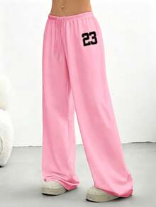 SHEIN EZwear 女式休闲宽松抽绳腰运动裤，印有数字 23，适合秋冬季、日常穿着和返校季 - 粉色 - 查看 4