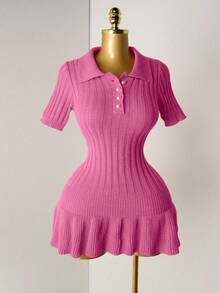 Mistrie Women's Knit Pearl Button Ribbed Orange Pleated Mini Dress, Short Sleeve Sexy Bodycon Minimalist Sweater Dress - Pink - View 4