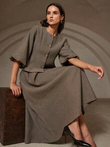 Zanirela 女士人字纹时尚通勤奢华单排扣夹克和优雅 A 字裙套装 - 彩色 - 查看 5