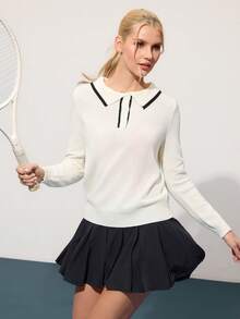 CourtClass Regular Fit Contrast Trim Sporty Long Sleeve Polo Sweater For Women Tennis Top - White - View 3