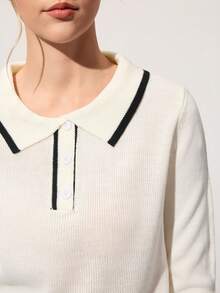 CourtClass Regular Fit Contrast Trim Sporty Long Sleeve Polo Sweater For Women Tennis Top - White - View 7