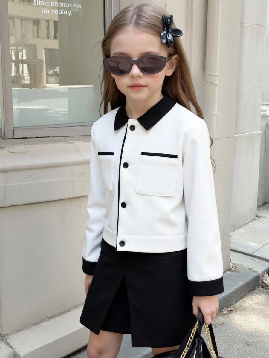 2pcs/Set Girls' Colorblock Short Blazer Jacket + Pleated Mini Skirt Outfit - Black and White - View 1