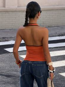 SHEIN EZwear Women's Sexy Casual Contrast Binding Backless Pleated Fitted Halter Top, Summer,Tank Top