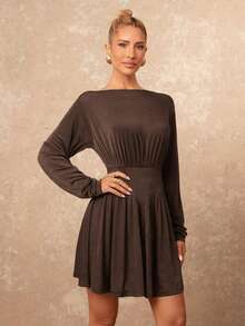 Lumalex VITNOS Women's Elegant Coffee Brown Autumn Boat Neck Ruched Waist & Cuff Long Sleeve Fitted Flare Mini Dress,Dining Party Gala Night Business Casual - Brown - View 6