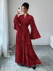 Elenzga Elegant, Vintage-Style Embossed Brocade Robe With Flared Sleeves, Slim-Fitting Waistline, And A Slit Skirt. - Red - View 4