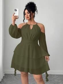 Elenzga Vestido de mujer talla grande con hombros descubiertos, manga acampanada y unicolor - Verde militar - Ver 1