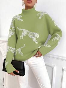 SHEIN Clasi Women's Leopard Pattern Stand Collar Long Sleeve Casual Loose Sweater, Autumn/Winter - Green - View 5