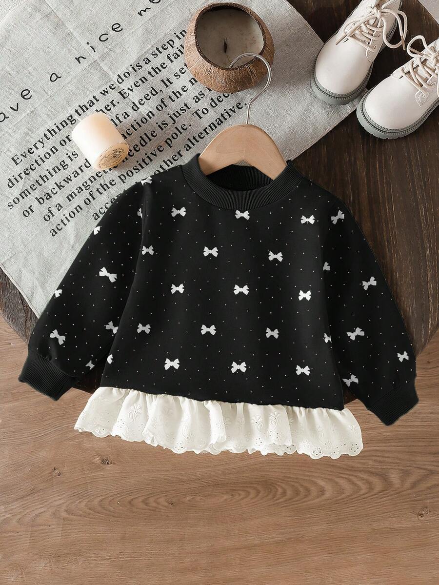 SHEIN 女婴时尚刺绣荷叶边下摆印花卫衣 - 黑色 - 查看 1