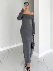 Siren Gaze Elegant Gray Autumn Dinner Date Wool Knit Midi Dress For Women,Multi-Way Wear Cowl Neck Off Shoulder Long Sleeve Split Hem Sweater Winter Dress,Chic - Dark Grey - View 3