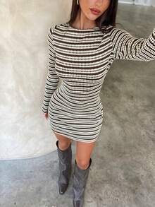 Aloruh Váy ngắn tay dài thời trang ôm sát họa tiết sọc dành cho nữ - màu nâu - Xem 5