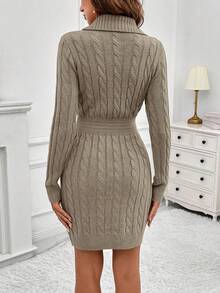 SHEIN LUNE Women's Casual Solid Color Fitted Knit Dress, Autumn/Winter - Mocha Brown - View 2