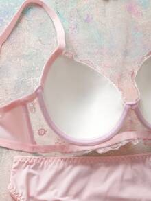 FloralLove 2pcs Embroidered Floral Underwire Padded Push Up Comfy Balconette Bra Set, Cute, Fresh, Romantic, Butterfly Decor Babydoll Lingerie Set For Women Floral Lingerie Set - Pink - View 7