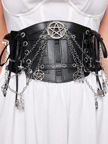 ROMWE 1 chiếc dây chuyền ren đen hình đầu lâu, thánh giá, thắt lưng co giãn, phụ kiện váy phong cách Gothic cho nữ dịp Halloween - Sao hộp sọ thắt lưng - Xem 7