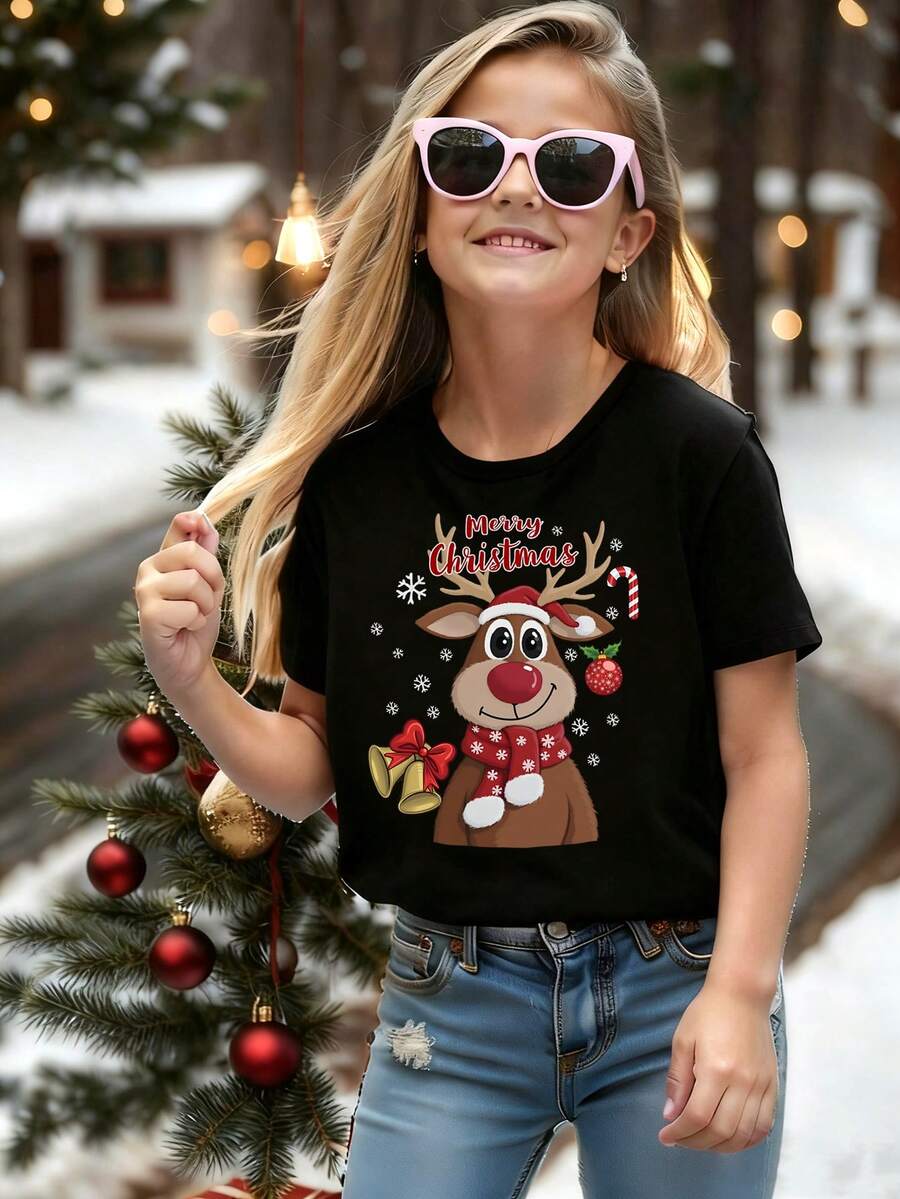 SHEIN 圣诞快乐！女孩休闲时尚创意可爱驯鹿和雪花圣诞树印花图案T恤，舒适基本款短款T恤，适合圣诞派对 - 黑色 - 查看 1
