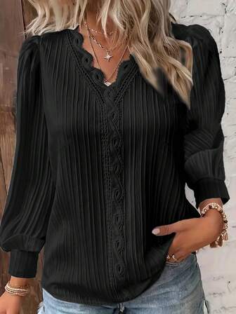 Plus Size Solid Color Lace Patchwork Shirt Fall Cloth For Women