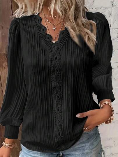 Plus Size Solid Color Lace Patchwork Shirt Fall Cloth For Women