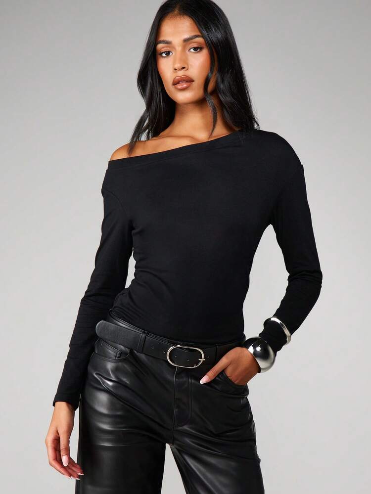 MISSGUIDED オフショルダー 長袖トップ 秋冬ファッション ベーシックTシャツ カジュアル デイリー着用