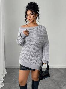 Elenzga Plus Size Women's Twist Rope Solid Color Off-Shoulder Elegant Pullover Sweater, Autumn/Winter - Grey - View 6