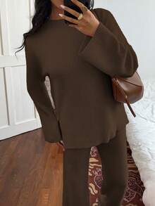 SHEIN Unity Conjunto de dos piezas de suéter de punto de unicolor y pantalones casuales para mujer, otoño/invierno - Marrón Chocolate - Ver 3