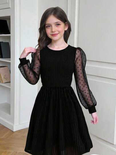 Tween Girl Elegant Round Neck Long Sleeve Polka Dot Mesh & Velvet Splice Holiday Christmas New Year Party Fitted Midi Dress