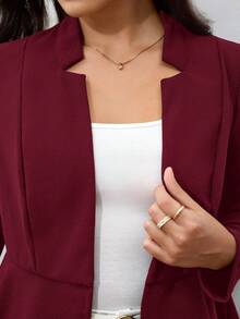 Chikora Plus Notched Detail Ruffle Hem Blazer,Business Casual Woman In Fall/Winter - Burgundy - View 4