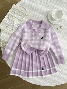 Souflis Souflis Young Girl Casual Plaid Knit Sweater And Skirt Set, Autumn/Winter