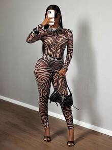 Slaydiva 2025 新款夏季休闲街头风格性感透视网眼斑马纹紧身长袖上衣和紧身裤 2 件套，适合音乐节、性感街头风格、毕业典礼、万圣节服装、日常外出、摩托车运动、俱乐部、时髦女孩、生日派对、学生制服、基本百搭、休闲、度假、邮轮旅行、海滩、日光浴、病毒时尚、派对和聚会 - 彩色 - 查看 7