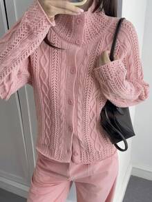 Livesso Áo khoác cardigan cổ lọ tay raglan đan xoắn thường ngày cho nữ, mùa thu - Hồng - Xem 3