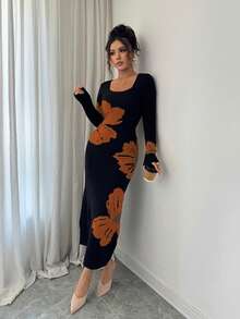 Elenzga Elegant Square Neck Jacquard Knit Bodycon Dress, Autumn/Winter - Brown - View 1