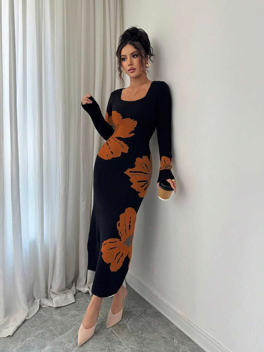 Elenzga Elegant Square Neck Jacquard Knit Bodycon Dress, Autumn/Winter - Brown - View 1