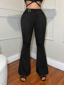 SHEIN SXY 女式时尚褶饰金属装饰喇叭裤 - 黑色 - 查看 5