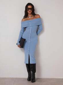 COSMINA Vestido de punto ajustado de unicolor con hombros descubiertos para mujer, para otoño/invierno - Azul - Ver 3
