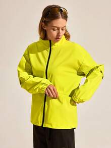 Exploreva Exploreva Women's Fluorescent Green Solid Color Long Sleeve Zipper Front Casual Jacket - Mint Green - View 3