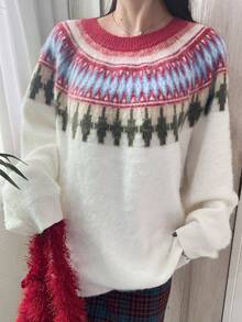 FRIFUL Pull épais à col rond, doublé thermique, coupe ample, avec éléments de Noël et dégradé de couleurs, pour femmes - Beige - Voir 2
