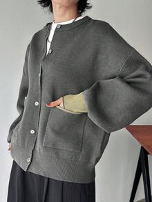 FRIFUL 女式秋冬口袋设计落肩长袖单排扣针织开衫 - 灰色 - 查看 4