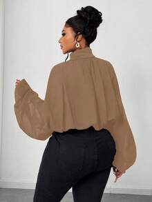 Maweii Plus Size Elegant Solid Color Pleated Lantern Sleeve Blouse, Autumn - Khaki - View 2